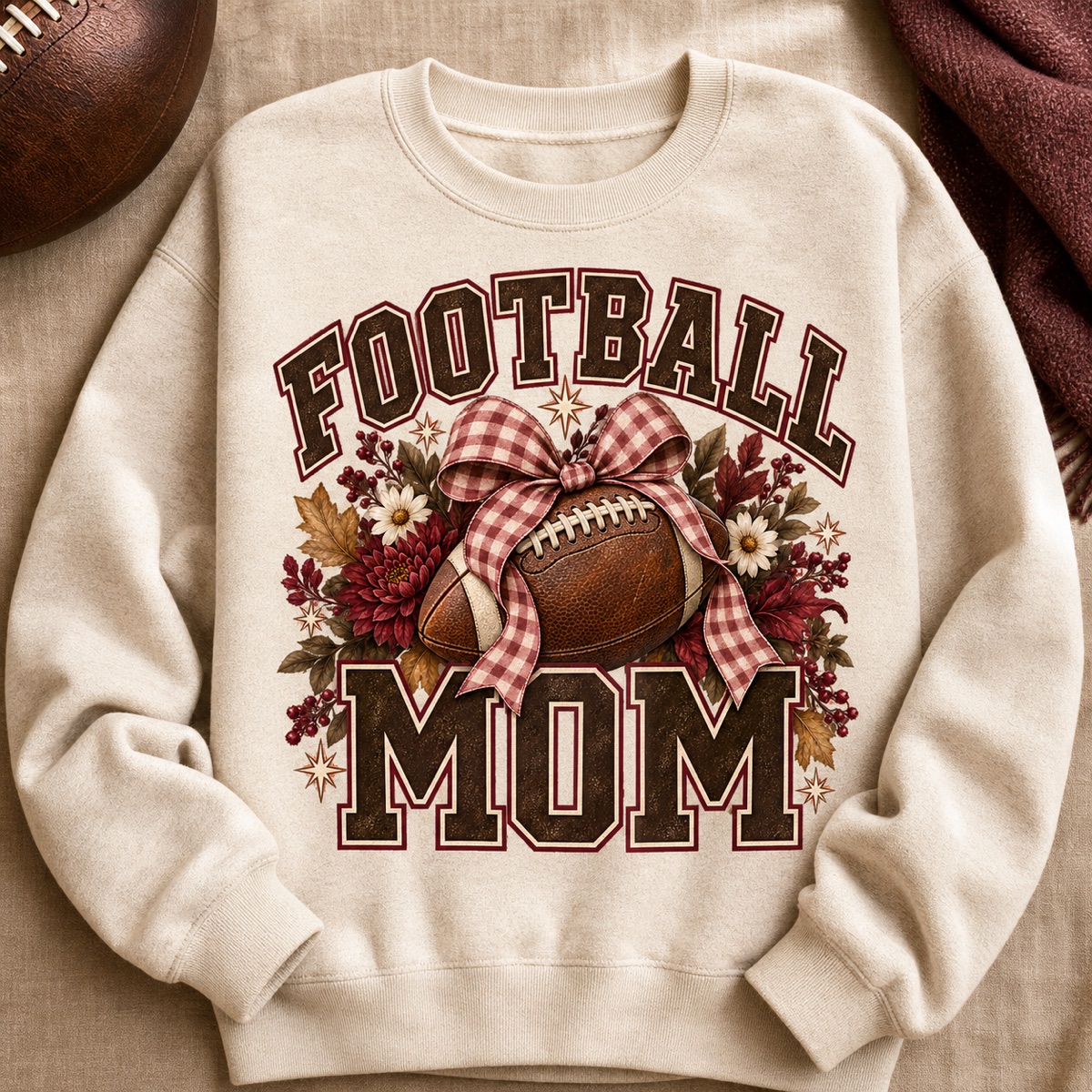 Football Mom autumn coquette PNG design with a vintage football, bow, and florals