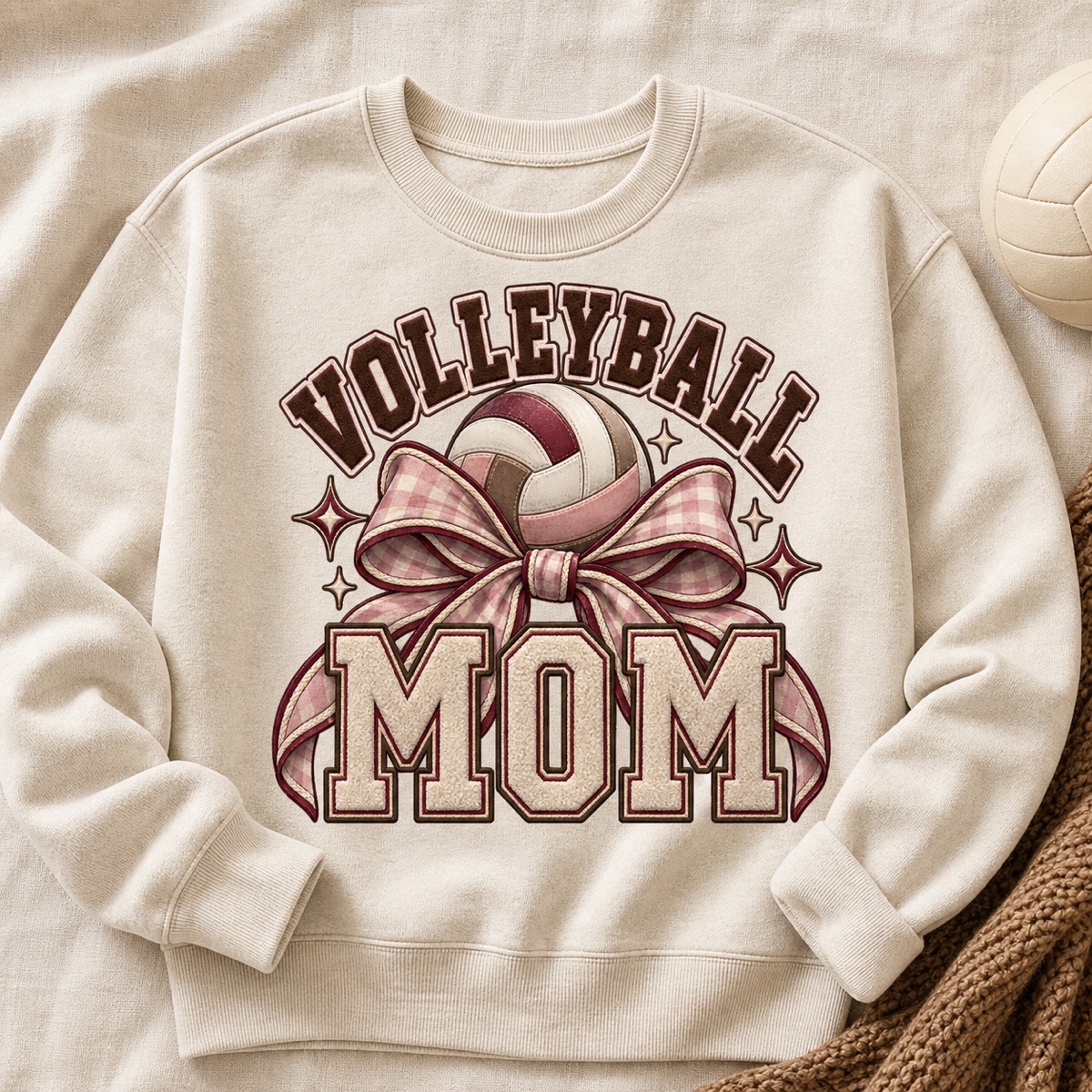 Volleyball Mom coquette varsity PNG with a pink bow and collegiate lettering
